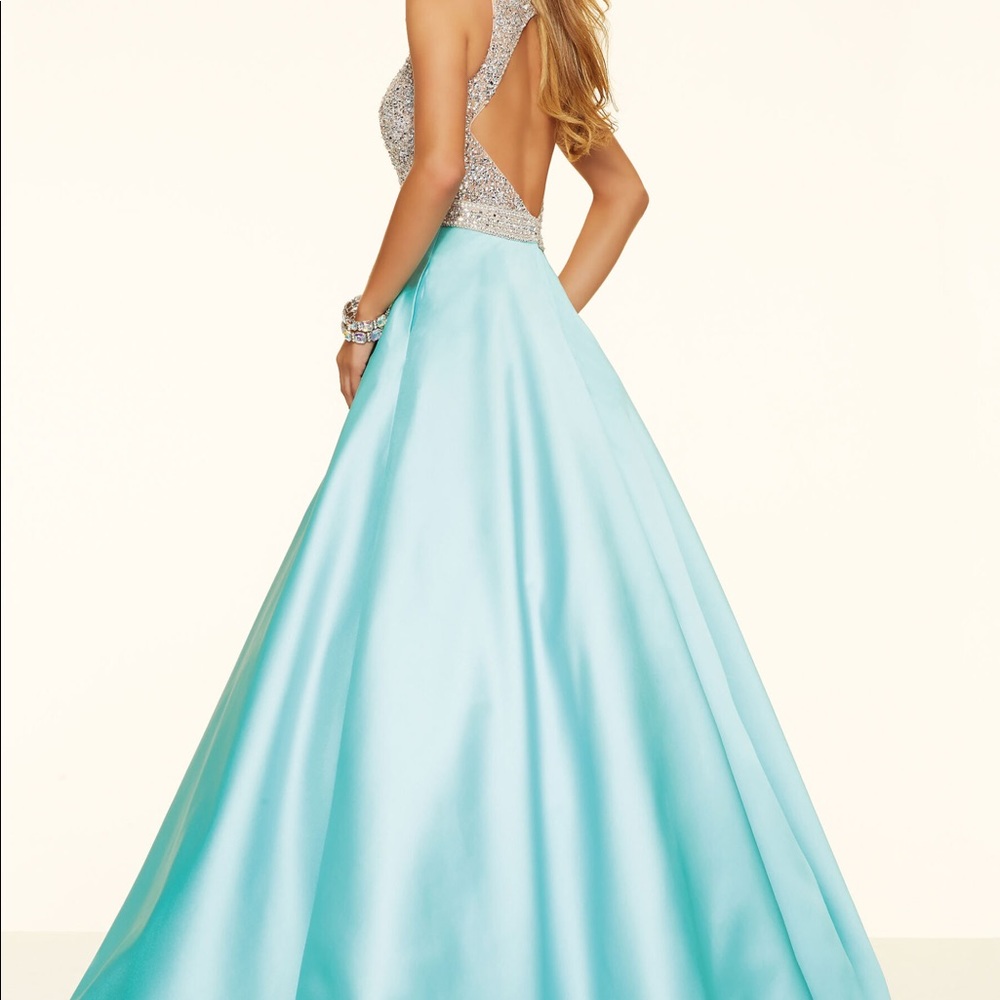 Morilee Beaded Net on Larissa Satin Prom/pageant Dress STYLE #98016 color aqua